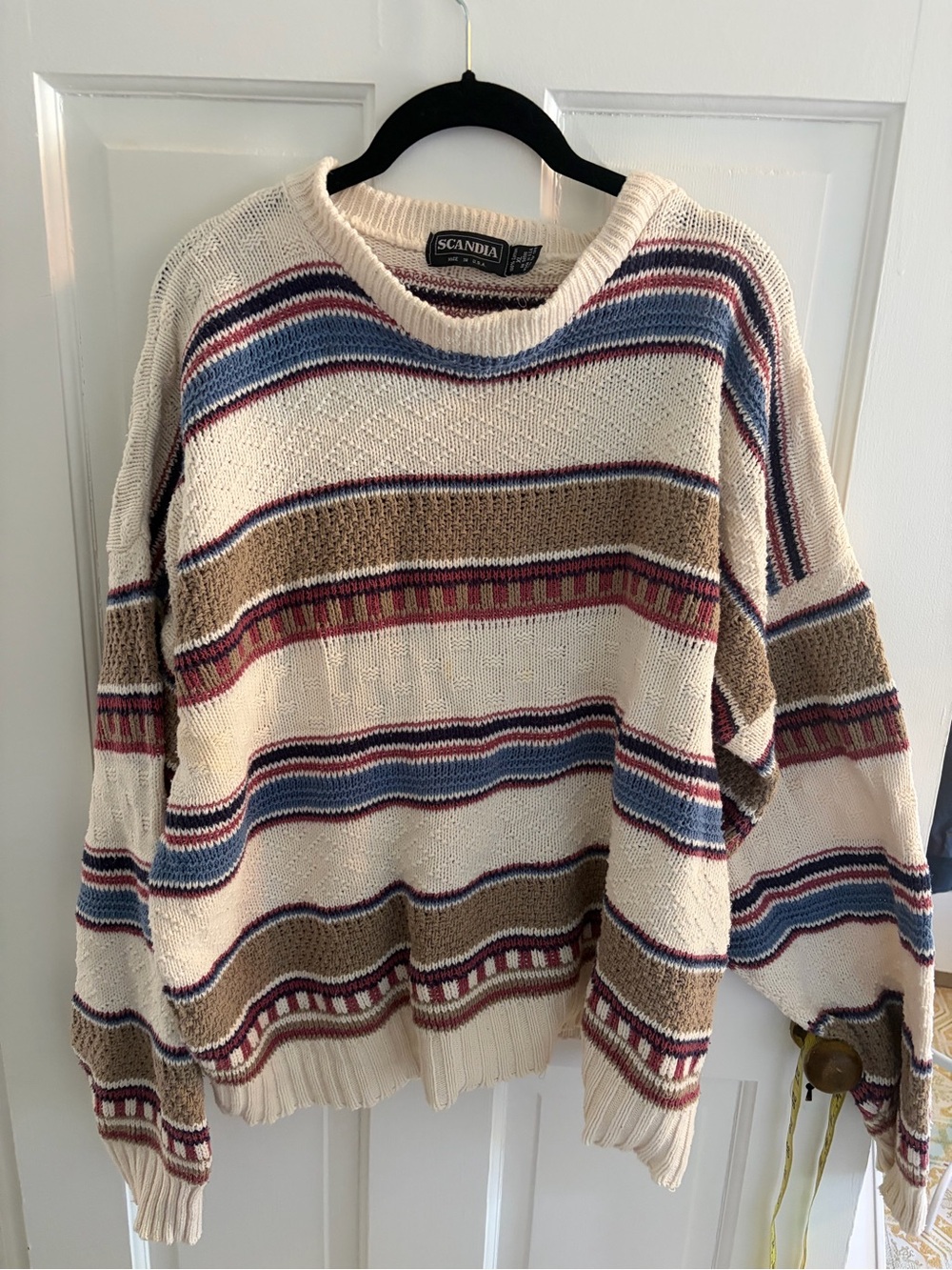 Vintage 90s Scandia 100% Cotton Cream/Maroon/Blue Oversized Striped Knit Sweater